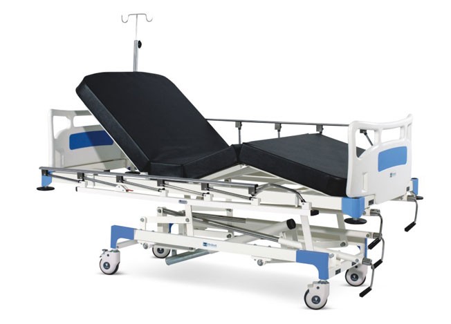 Manually Operated ICU Bed With Polymer Head and Foot boards, Collapsible railings, Mattress and Castors