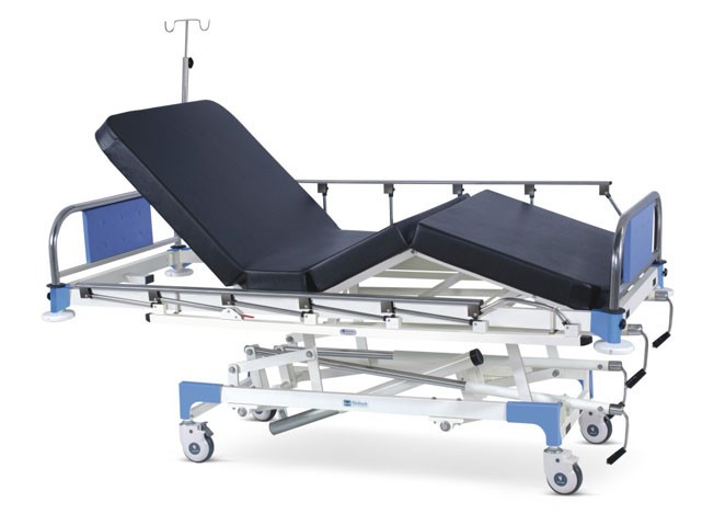 Manually Operated ICU Bed With SS Head and Foot boards with Colored Metal Panels, Collapsible railings, Mattress and Castors