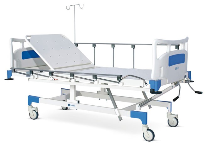 Manually operated Fixed Height Two Section Recovery Bed With Polymer Head and Foot boards, Collapsible railings and Castors 