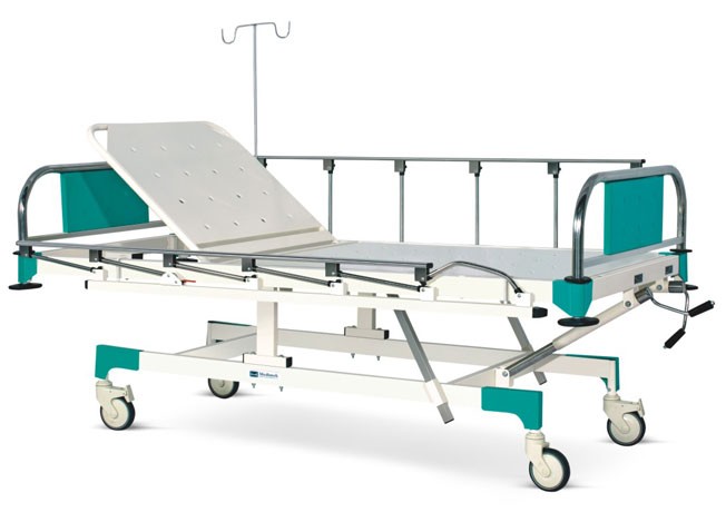 Manually Operated Fixed Height Two Section Recovery Bed With SS Head and Foot boards with Colored Metal Panels, Collapsible railings and Castors