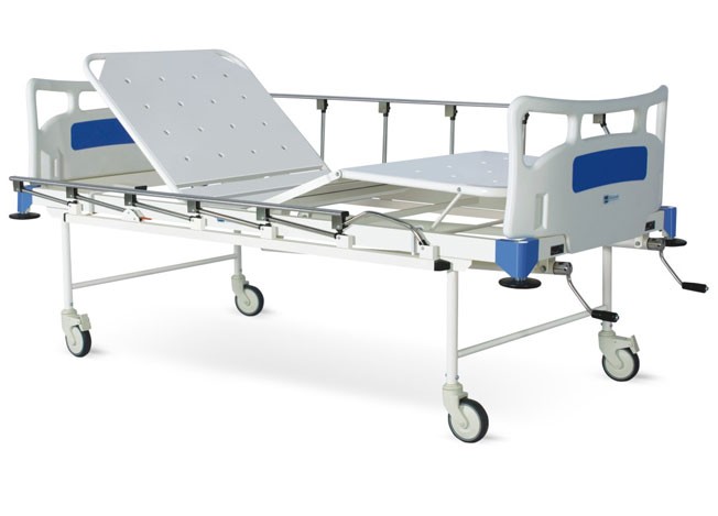 Manually Operated Four Section Fowler Bed With Polymer Head and Foot boards, Collapsible railings and Castors