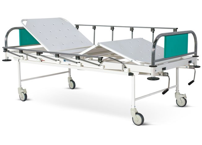 Manually Operated Four Section Fowler Bed With SS Head and Foot boards with Colored Metal Panels, Collapsible railings and Castors