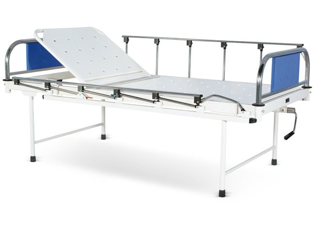 Manually operated Two Section Semi Fowler Bed With SS Head and Foot boards with Colored Metal Panels and Collapsible railings