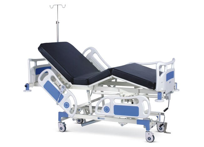 Semi Motorized ICU Bed with Backrest and Height on Motors With Polymer Head and Foot boards, Polymer railings, Mattress and Castors