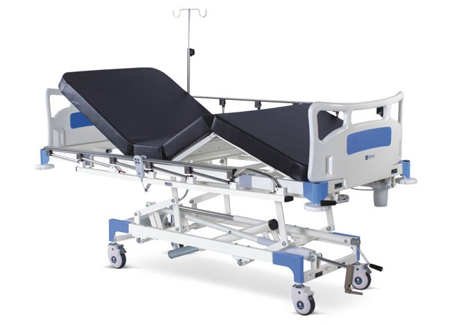 Semi Motorized ICU Bed with Backrest and Height on Motors With Polymer Head and Foot boards, Collapsible railings, Mattress and Castors