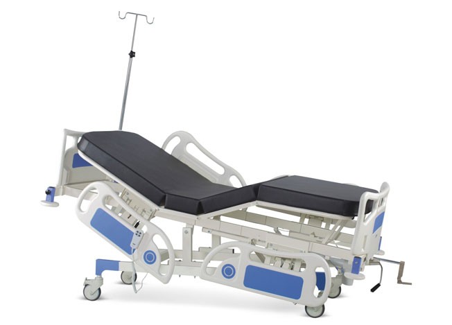 Semi Motorized Fixed Height Four Section Recovery Bed with Backrest and Upper-leg on Motors With Polymer Head and Foot boards, Polymer railings, Mattress and Castors