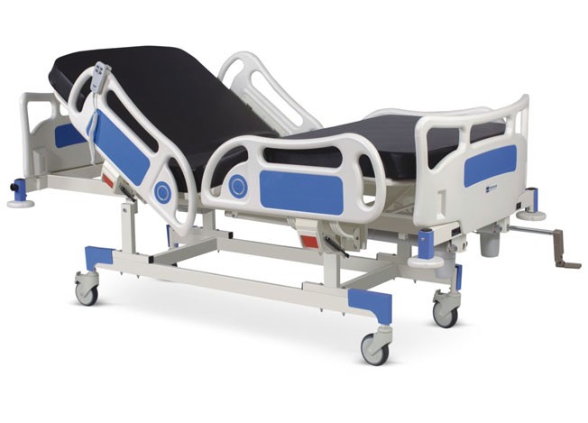 Motorized Four Section Fowler Bed with Backrest and Upper-leg on Motors With Polymer Head and Foot boards, Polymer railings, Mattress and Base Trolley with Castors