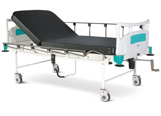 Motorized Two Section Semi Fowler Bed with Backrest on Motor With Polymer Head and Foot boards, Collapsible railings, Mattress and Castors