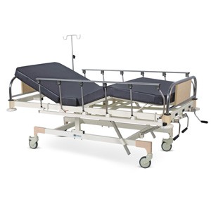 Manually Operated Fixed Height Four Section Recovery Bed With SS Head and Foot boards with Colored Metal Panels, Collapsible railings, Mattress and Castors